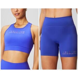 Fabletics SET LA Graphic Trinity Sports Bra & Motion365+ Bikers 6" Blue Small